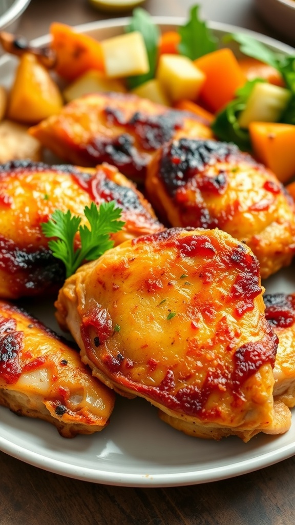 Crispy air fryer chicken thighs garnished with parsley on a plate with sides of vegetables and salad.